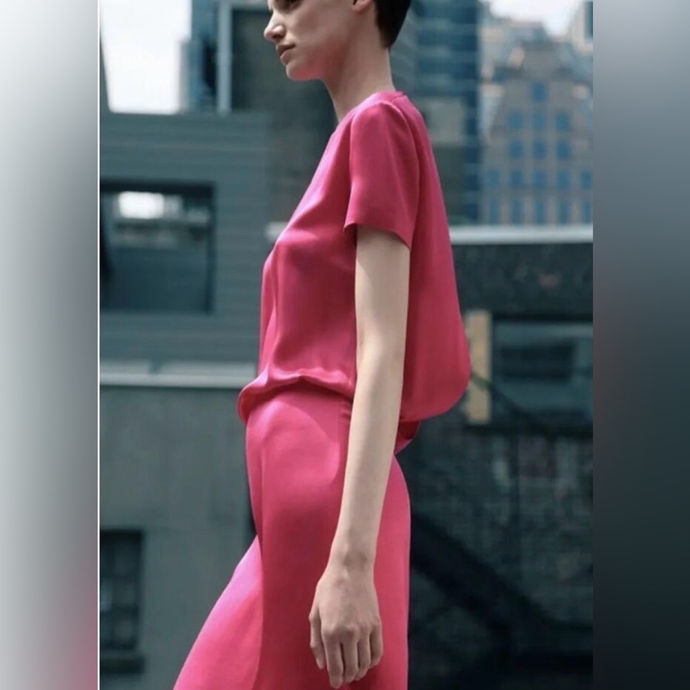 Cedric Charlier Silk Blend Pink Satin Short Sleeve Dress US 6